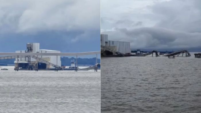 Imagem mostra galeria de grãos antes e depois de desabar no rio Pará.