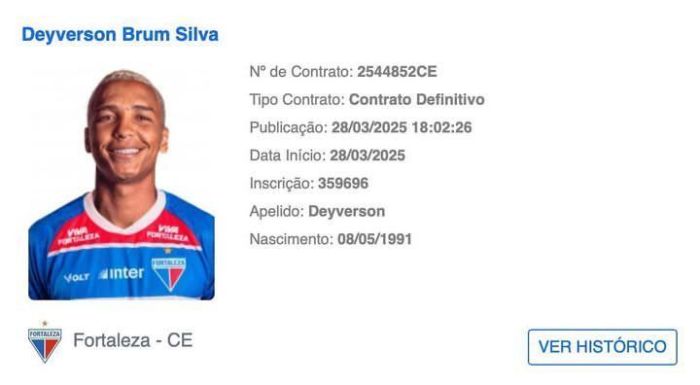 O atacante Deyverson, de 33 anos, já está oficialmente regularizado no Boletim Informativo Diário (BID) da CBF