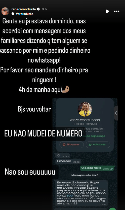 Rebeca Andrade denunciou tentativa de golpe no WhatsApp
