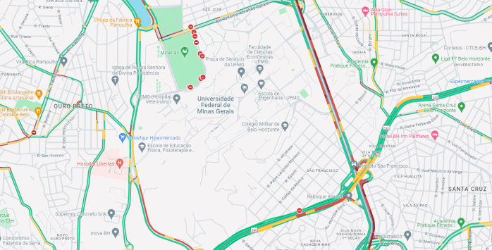 Google Maps mostra trânsito lento em algumas avenidas importantes para acesso ao Mineirão
