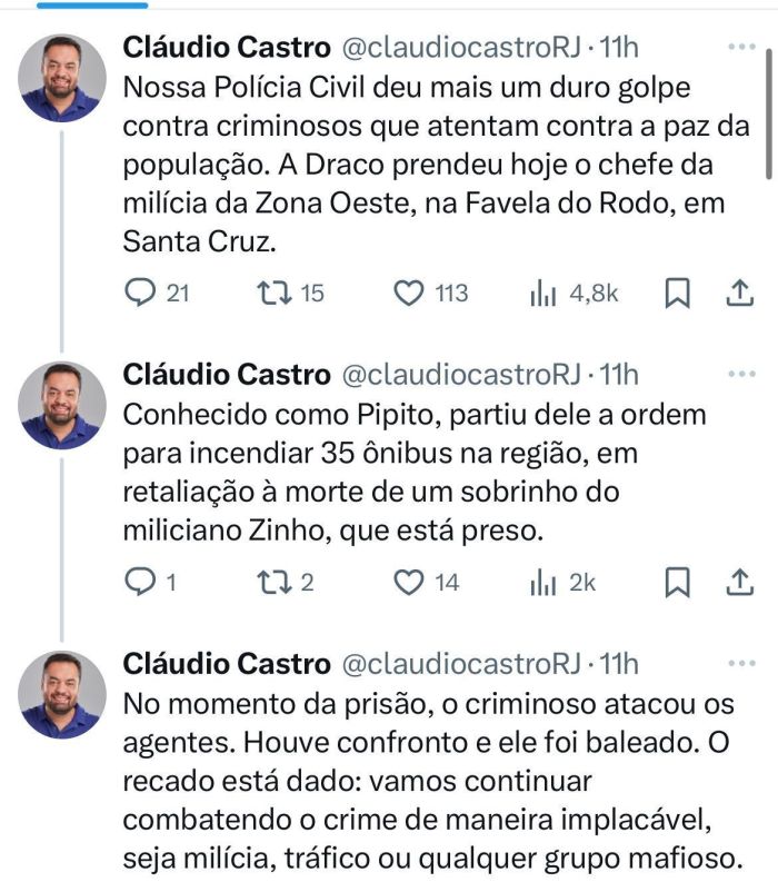 O governador Cláudio Castro (PL) comemorou a ação da polícia nas redes sociais. O governador Cláudio Castro (PL) comemorou a ação da polícia nas redes sociais.