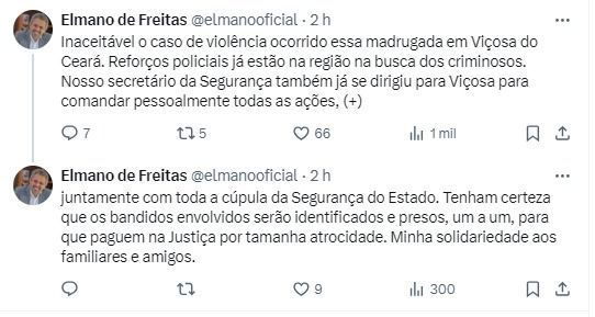 Secretário de Segurança Roberto Sá viajou ao município. A informação foi dada pelo governador Elmano de Freitas.