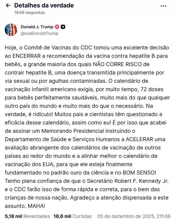 Governo Trump deixa de recomendar vacina contra hepatite B para recém-nascidos nos EUA