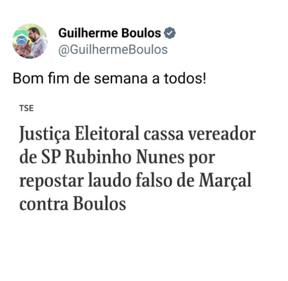 O deputado postou em suas redes sociais a decisão da Justiça Eleitoral