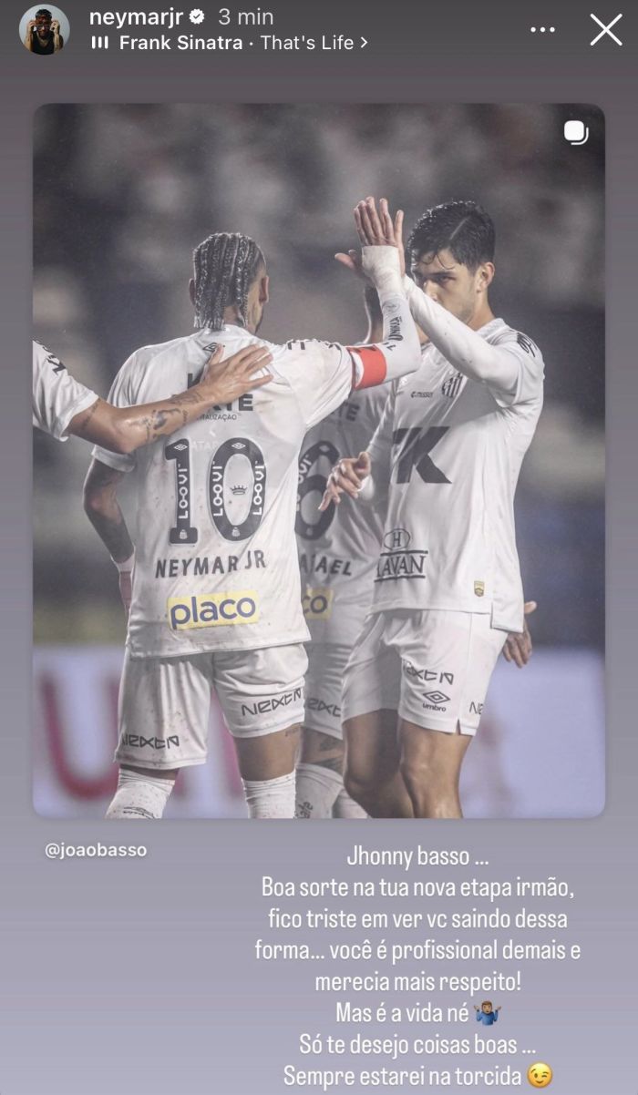 Post de Neymar sobre recisão de contrato de João Basso no Santos