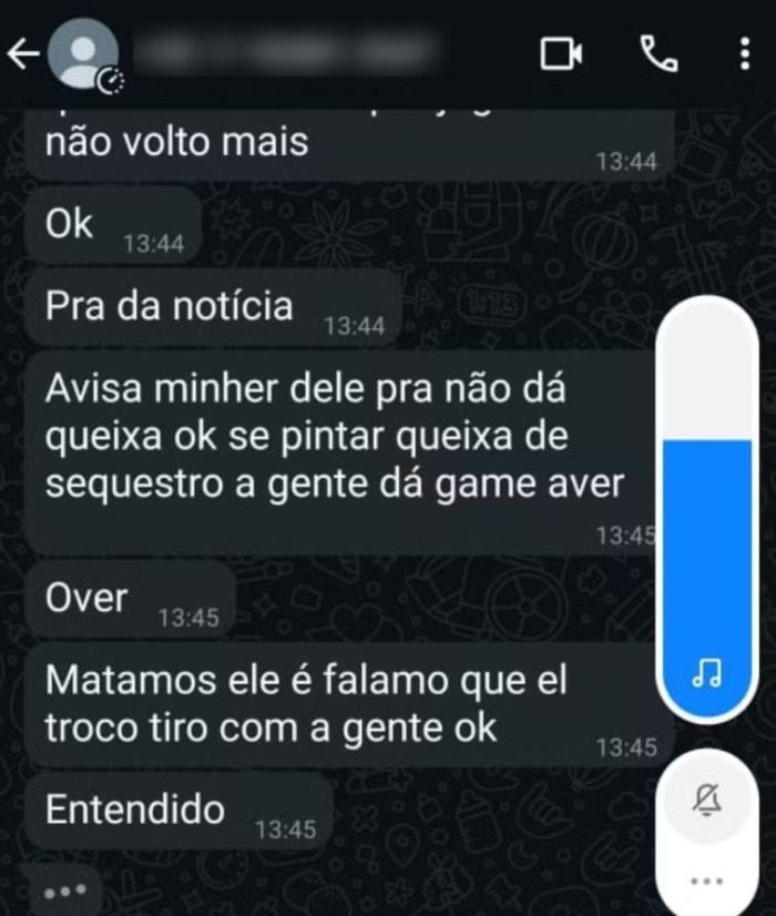 Criminoso ameaça família e diz que iria forjar falso tiroteio.