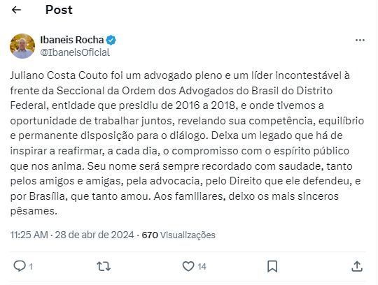 Ibaneis Rocha lamenta morte do advogado Juliano Costa Couto.