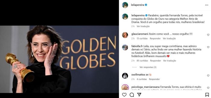 Leila parabenizou Fernanda Torres no Instagram