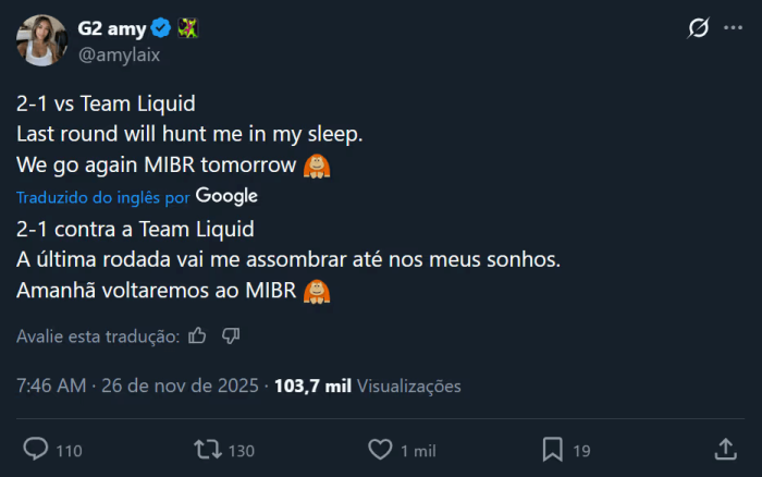 Publicação polêmica de Amy nas redes sociais após derrota para a Team Liquid