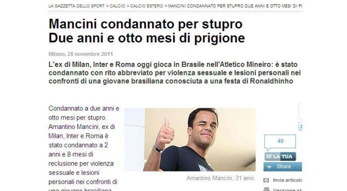Mancini foi condenado por estupro em 2011 na Itália