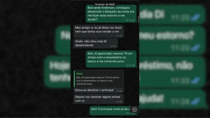 Imagens de conversas no WhatsApp mostram falsas promessas de reembolso por Nego Di. Imagens de conversas no WhatsApp mostram falsas promessas de reembolso por Nego Di.