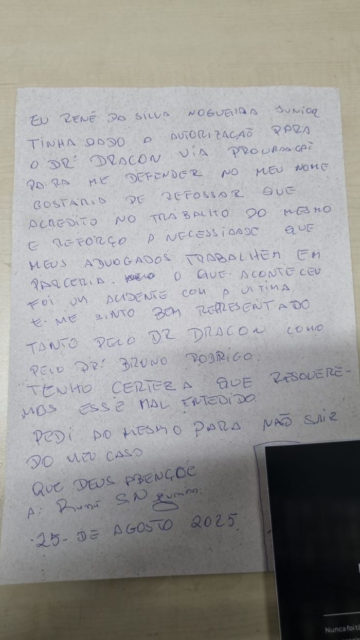 Carta escrita por Renê Júnior na cadeia