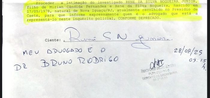 Declaração escrita a próprio punho por Renê Júnior apontando o Dr. Bruno Silva Rodrigues como seu advogado