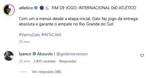 Lyanco, do Atlético, reage à atuação de Everson contra o Internacional