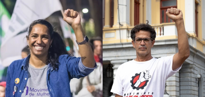 Indira Xavier (esquerda) é uma mulher preta, de cabelo preso liso, usa uma jaqueta jeans com alguns broches, e uma camisa cinza. Geraldo (direito) é um homem branco, usa uma camisa branca, óculos de grau e camisa branca.