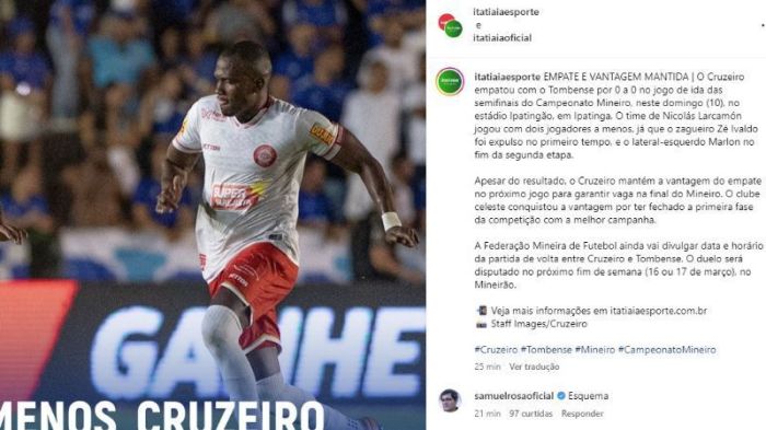 Comentário de Samuel Rosa no Instagram da Itatiaia