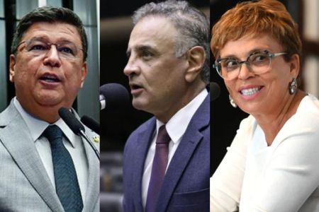 Senador Carlos Viana (Podemos), deputado federal Aécio Neves (PSDB) e prefeita de Contagem, Marília Campos (PT)