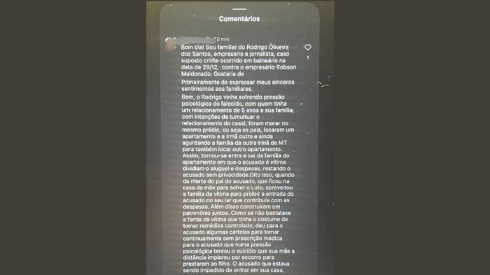 Comentário feito pela mãe de Rodrigo nas redes sociais Comentário feito pela mãe de Rodrigo nas redes sociais