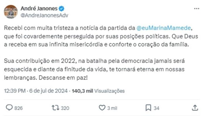 O deputado federal André Janones (Avante - MG) lamentou a morte da influencer. O deputado federal André Janones (Avante - MG) lamentou a morte da influencer.