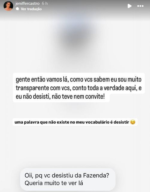 Jeniffer não estará em A Fazenda 17
