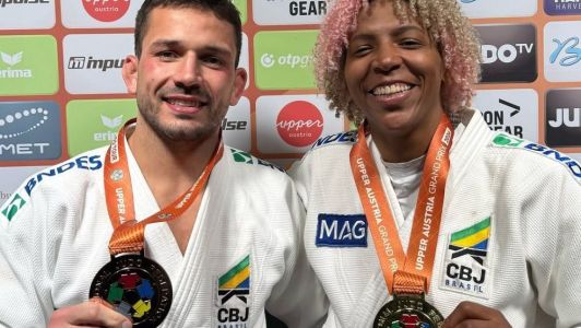 Daniel Cargnin e Rafaela Silva com medalhas de bronze e ouro no Grand Prix da Áustria 2026 de judô