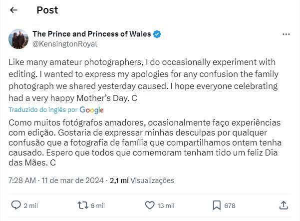 Kate Middleton assume edição em foto com filhos e pede desculpas por 'confusão'