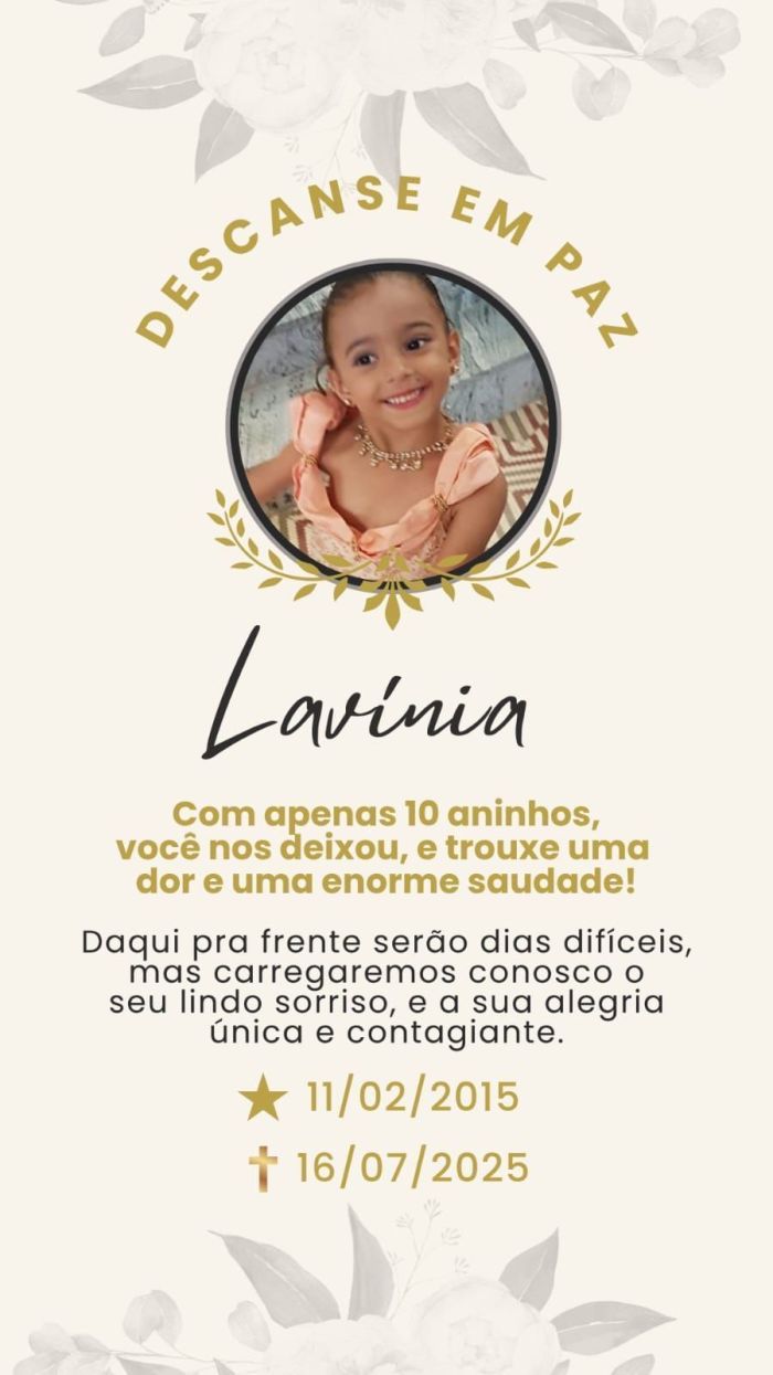Lavínia Freitas de Oliveira e Souza, de 10 anos morreu nesta quarta-feira (16). 
