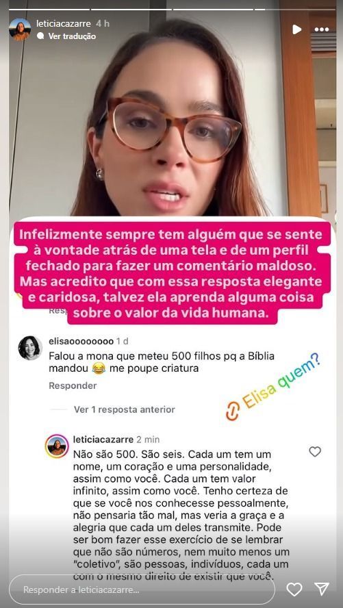 Leticia respondeu o comentário ofensivo 