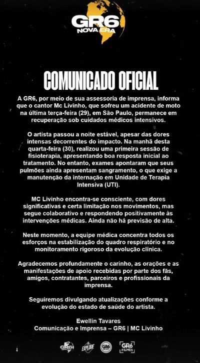 Assessoria de Livinho atualizou o estado de saúde dele