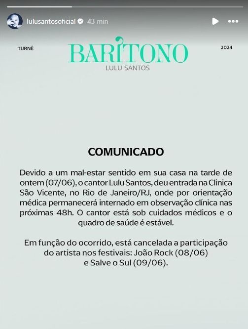 Informação foi confirmada pela assessoria do cantor. Informação foi confirmada pela assessoria do cantor.