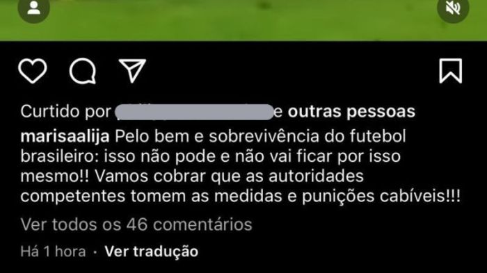 Legenda da publicação de Marisa Alija no Instagram, com vídeo de lance da expulsão de Hulk