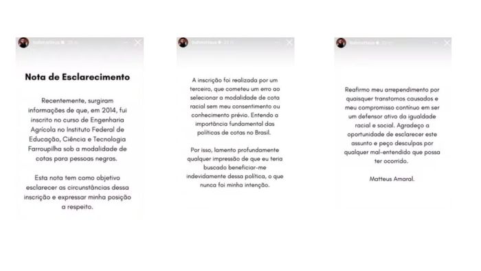 Matteus seu pronunciou nas redes sociais; ex-BBB será investigado por cota racial no curso de Engenharia Agrícola. Matteus seu pronunciou nas redes sociais; ex-BBB será investigado por cota racial no curso de Engenharia Agrícola.