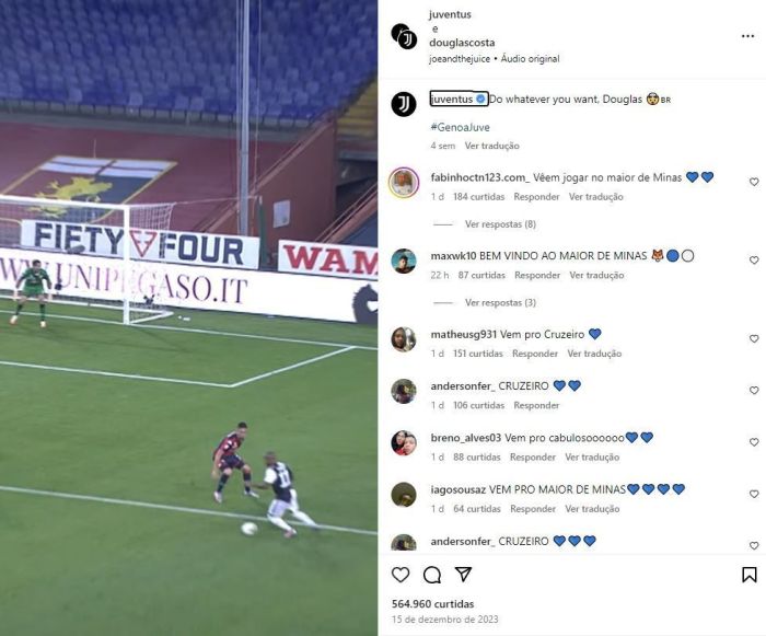 Publicação da Juventus-ITA, compartilhada com Douglas Costa, recebeu várias mensagens de cruzeirenses Publicação da Juventus-ITA, compartilhada com Douglas Costa, recebeu várias mensagens de cruzeirenses
