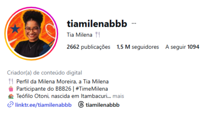 Milena atingiu a marca de 1,5 milhão de seguidores