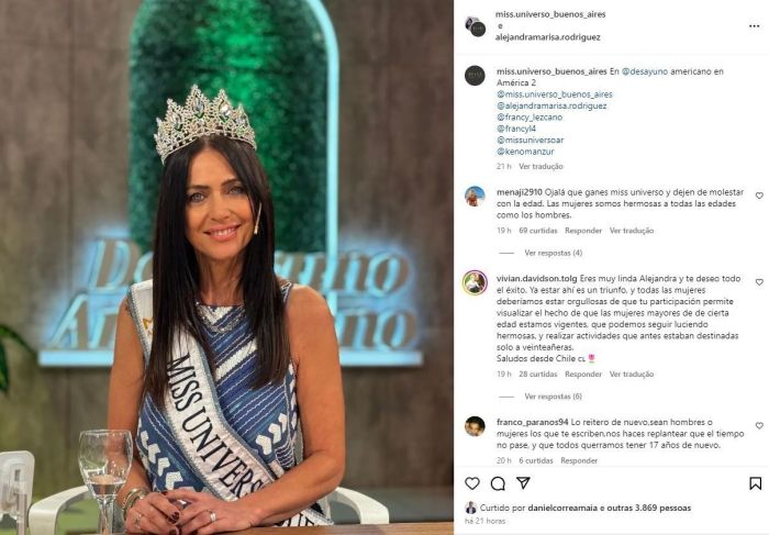 Alejandra Rodríguez tem 60 anos e vai disputar o Miss Argentina. Alejandra Rodríguez tem 60 anos e vai disputar o Miss Argentina.