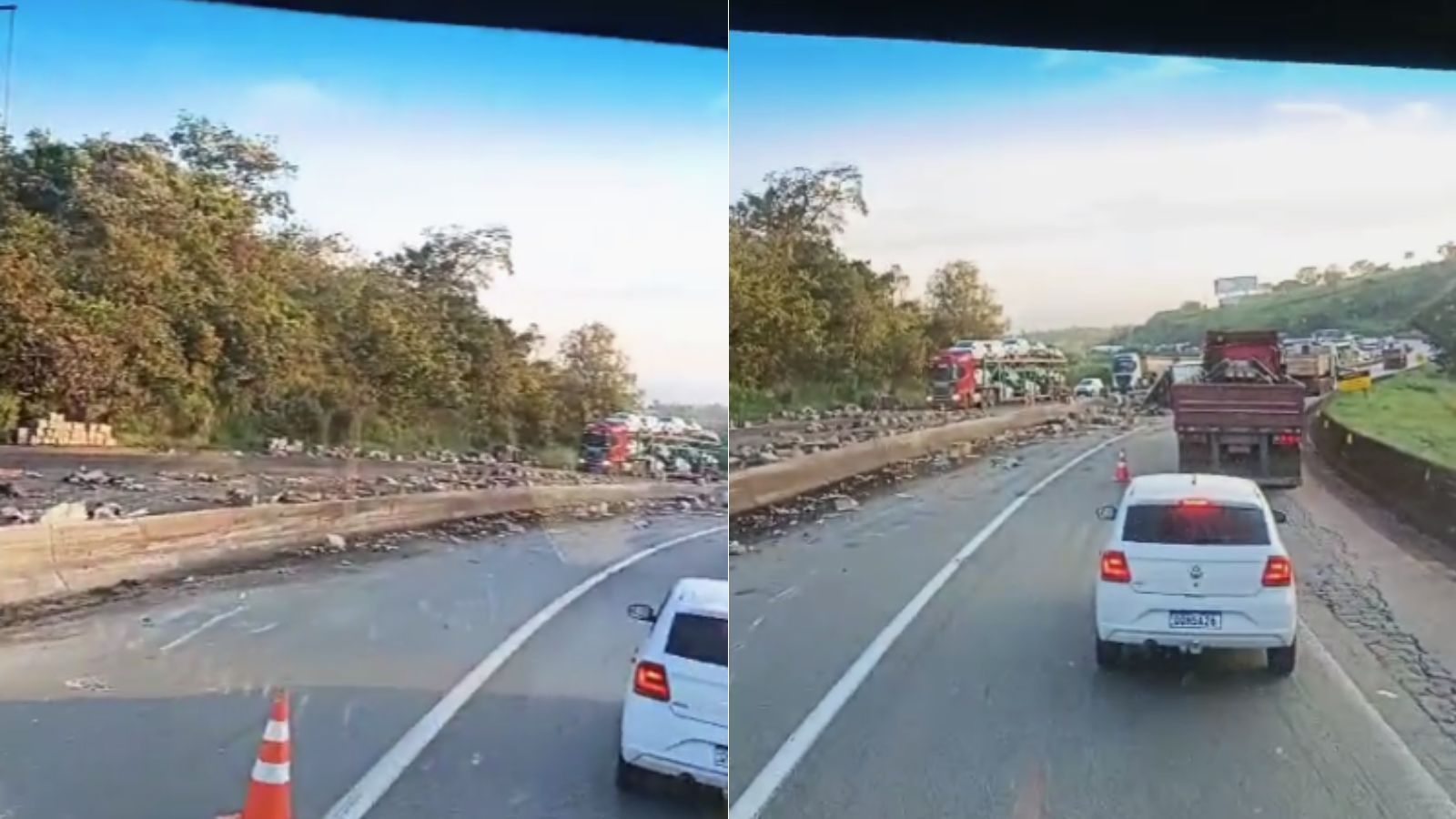 Carreta com carga de maçãs tomba e fecha a Fernão Dias na Grande BH