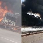 Fernão Dias fechada em MG: batida envolveu caminhões carregados com combustível e tinner