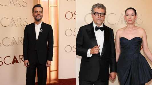 À esquerda, Wagner Moura, protagonista de "O Agente Secreto", e à direita Kleber Mendonça Filho e Emilie Lesclaux, diretor e produtora do filme, respectivamente