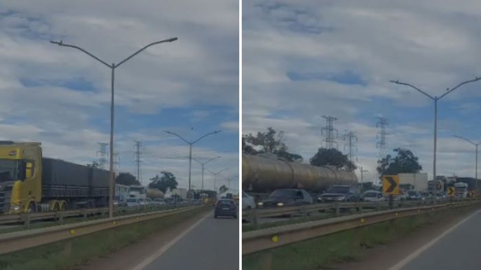 Imagens recebidas pela reportagem mostram a retenção no trânsito no local