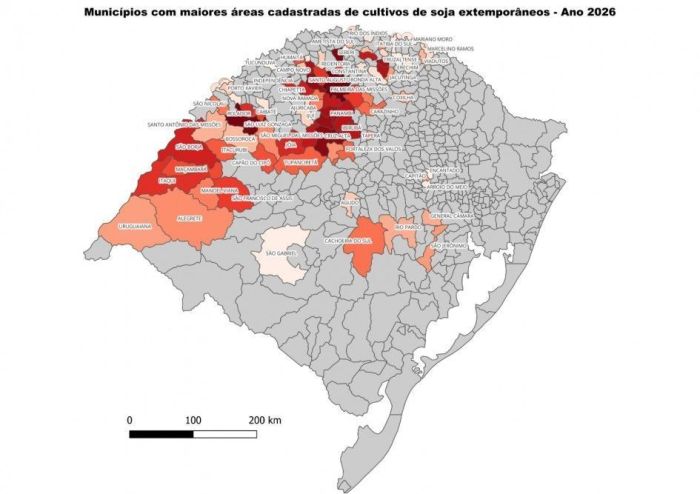 Municípios com maiores áreas cadastradas para cultivo de soja extemporâneos na safra 2025/2026