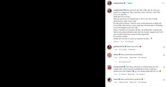 Amiga de Nadja Haddad, Eliana mandou uma mensagem de apoio para a apresentadora após perder o filho. Amiga de Nadja Haddad, Eliana mandou uma mensagem de apoio para a apresentadora após perder o filho.