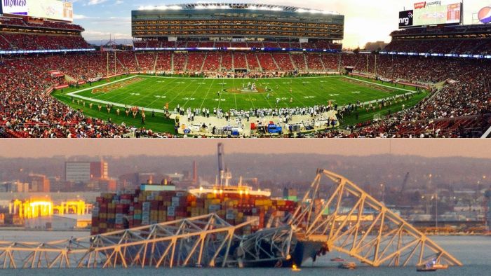O navio porta-contêineres é quase tão grande quanto três campos de futebol americano, com 300 metros de comprimento. O navio porta-contêineres é quase tão grande quanto três campos de futebol americano, com 300 metros de comprimento.