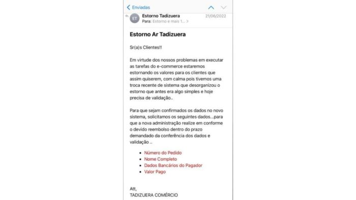 Mensagem de 2022 mostra pedido de dados para um “novo sistema” da empresa “Tadizuera”, de Nego Di, que, segundo as investigações, não entregou produtos.