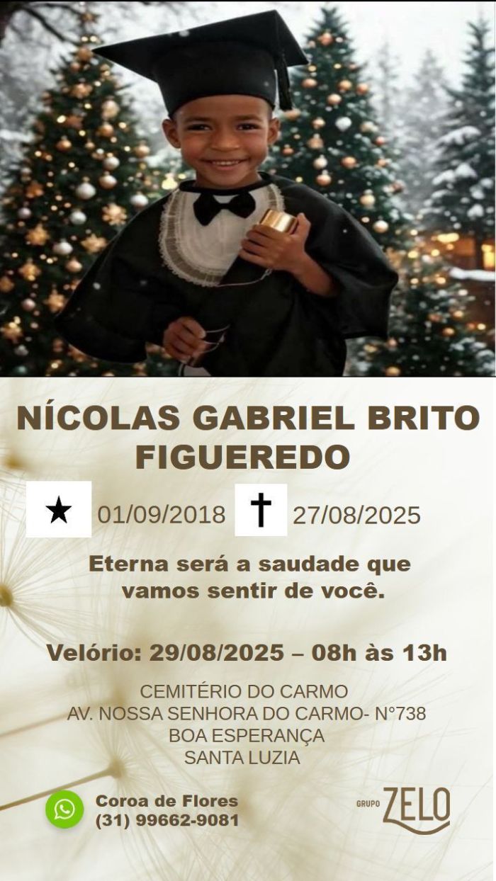 Card que traz informações sobre o velório do garoto Nícolas Gabriel Brito Figueiredo, de seis anos