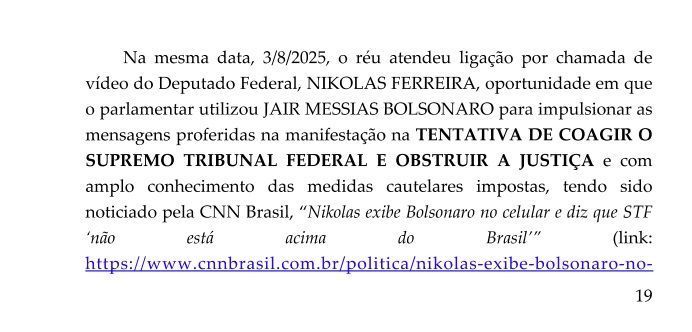 Trecho da decisão do ministro do STF, Alexandre de Moraes, que cita o deputado federal Nikolas Ferreira