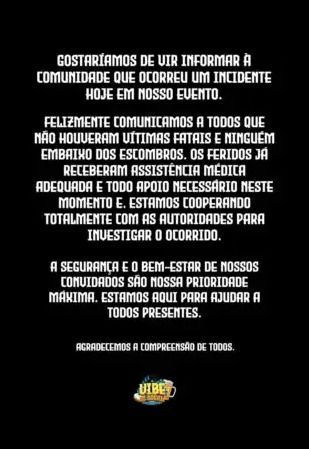 Já o local do evento, Up Garden Altiplano, se pronunciou e disse que lamenta o ocorrido.