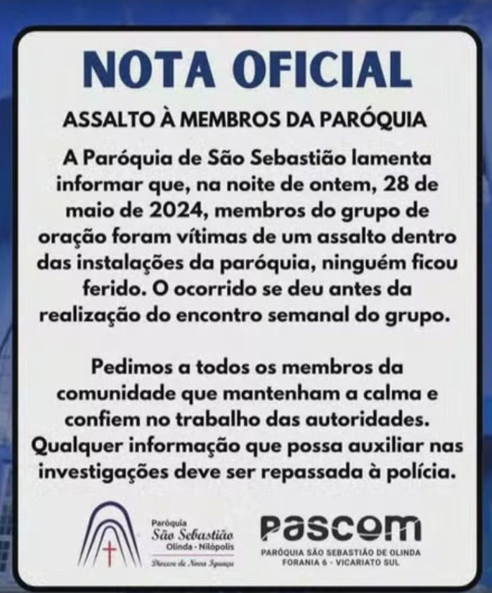 Fiéis são assaltados dentro de igreja em Nilópolis, no Rio de Janeiro, enquanto se preparavam para grupo de oração. Fiéis são assaltados dentro de igreja em Nilópolis, no Rio de Janeiro, enquanto se preparavam para grupo de oração.