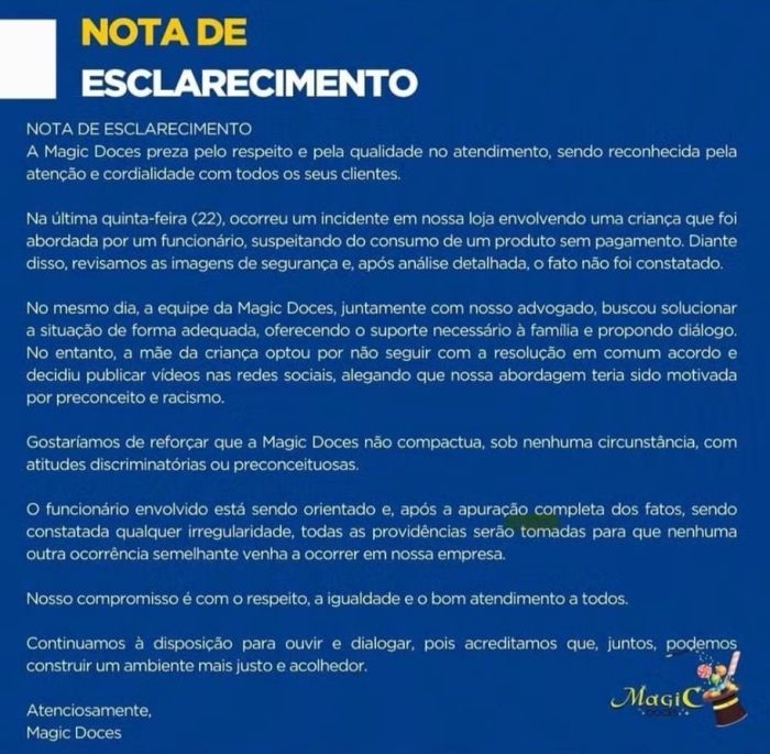 Nota da Magic Doces sobre acusação de racismo contra uma criança de apenas 7 anos, em São Paulo.