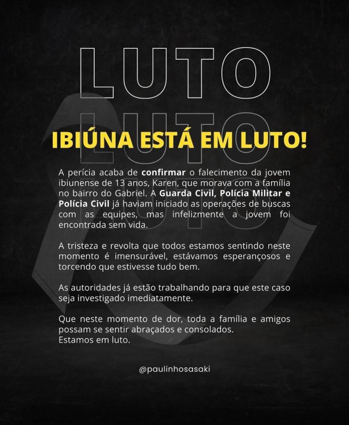 Nas redes sociais o prefeito de Ibiúna, Paulo Sasaki, lamentou a morte da jovem 
