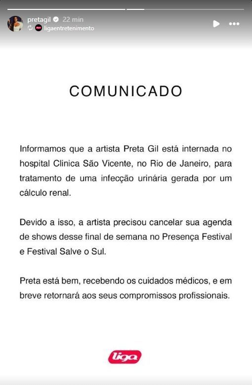 Assessoria da cantora Preta Gil, informou neste sábado (8), que cantora passa por tratamento de infecção urinária.